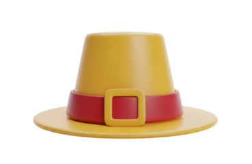3d rendering of a stylized pilgrim hat in yellow with a red band and buckle, isolated on transparent background