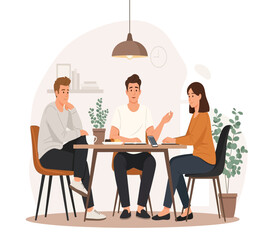 Illustration of three young adults engage in a business meeting or casual discussion around a table, collaborating on ideas in a modern interior, isolated on white background