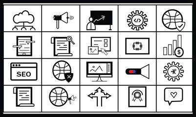 A comprehensive collection of twenty black and white outline icons representing various themes in digital marketing, business, development, and sports. Includes symbols for cloud computing, megaphone.