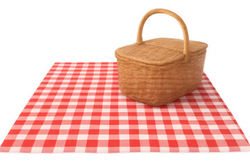 Picnic basket on a red and white checkered tablecloth, ready for outdoor gathering, isolated on transparent background