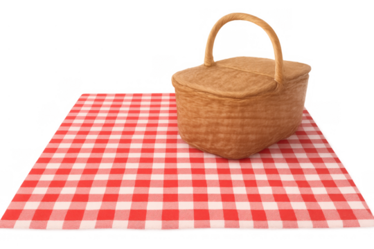Picnic basket on a red and white checkered tablecloth, ready for outdoor gathering, isolated on transparent background