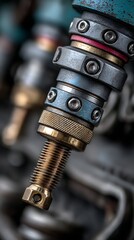 Macro shot of intricate industrial machinery part with brass threads, weathered blue paint, and metal bolts