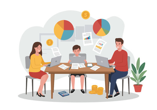 Family Finance Management and Budget Planning Illustration. Parents and Son Analyzing Documents and Pie Charts for Financial Literacy and Investment Strategy.