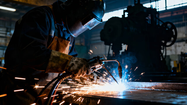 A welder in protective gear generates sparks in a dimly lit industrial workshop, ideal for safety training or industrial themes.