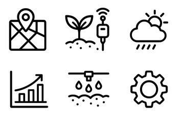 Precision Farming Icons. Precision Cultivation linear icon set. GPS map, plant sprout, sensor node, weather icon, growth chart, irrigation nozzle, data chip, gear