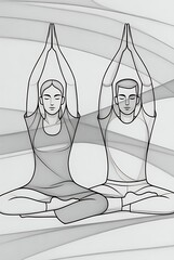 Two People Meditating In Lotus Pose With Hands Clasped Above Head In