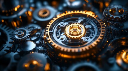 Intricate metallic gears with glowing golden highlights, close-up illustrating complex mechanisms and advanced engineering.