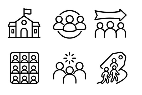 School Unity Icons. School Community Bonding linear icon set: club icon, team circle, event banner, shared goal arrow, community grid, unity spark, participation tag, group pathway