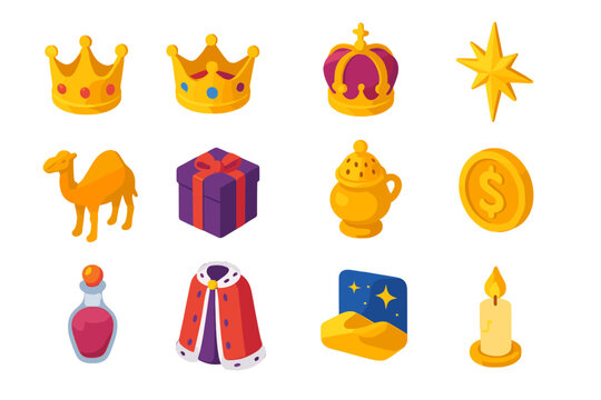 Epiphany Celebration Icons. Epiphany Celebration flat icons set. three crowns, star of Bethlehem, camel, gift box, incense jar, gold coin, myrrh bottle, royal robes, desert dunes