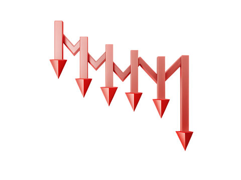Red downward trending arrows chart isolated on white background