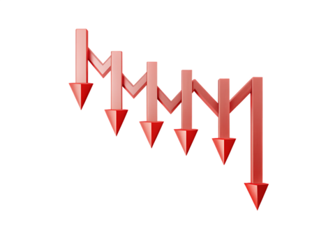 Red downward trending arrows chart isolated on white background