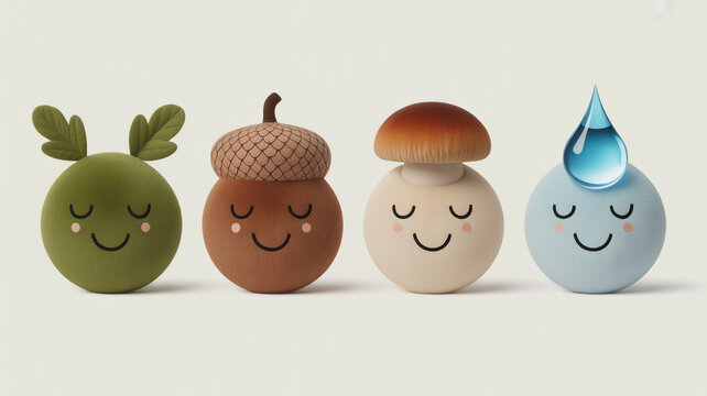 Adorable cute nature characters including a leaf, acorn, mushroom, and water droplet with happy sleeping faces, perfect for children's educational content and eco friendly branding