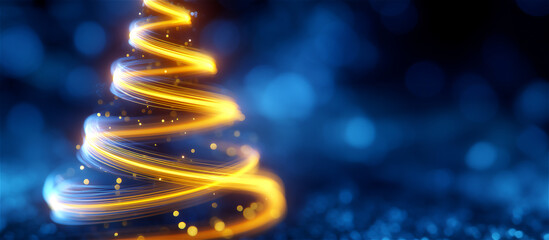 Abstract glowing spiral forming a stylized Christmas tree shape with golden light trails on a deep blue bokeh background, evoking festive mood, magic and winter celebration.