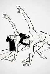 Two Women Performing Utthita Trikonasana Yoga Pose in a Studio with