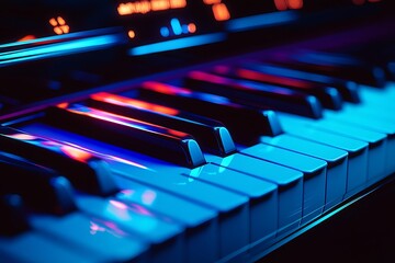 Modern electronic synthesizer keyboard keys glowing with vibrant neon blue and magenta lighting, close-up detail.