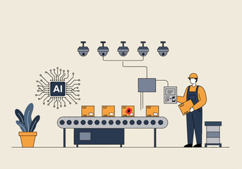 AI Automated Quality Control Inspection System in Smart Factory. Vector illustration of worker monitoring the conveyor belt using computer vision technology for defect identification and sorting.