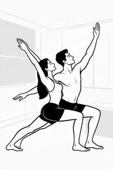 Man And Woman Performing Warrior Two Yoga Pose In Studio With
