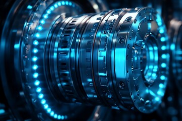 Advanced metallic engine component with glowing blue light, depicting precision engineering and futuristic power generation.