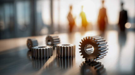 Metallic gears arranged on a reflective surface symbolizing teamwork and industry with blurred business people in the background during a warm sunset meeting session