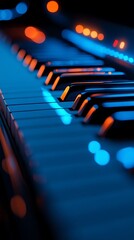 Vibrant blue and orange neon illuminated close-up of piano keyboard, creating a modern atmospheric musical ambiance with bokeh lights.