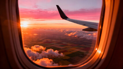 A sunset view from an airplane wing, featuring colorful clouds and patchwork fields below, great for travel and aviation content.