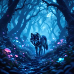 Mystical blue wolf strides through enchanted forest path amid glowing neon mushrooms and ancient trees.
