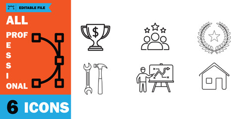 Six diverse icons represent professional themes, from financial success to team achievement, all in black outline