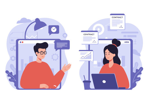 Virtual Business Meeting and Remote Contract Negotiation Illustration. Professional Colleagues Collaborating Online via Video Call Screen for Digital Teamwork and Agreement Signing.