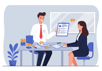 Professional Business Evaluation Meeting: Manager and Employee Discussing Performance Review Checklist, Agreement, or Job Application in Office Setting