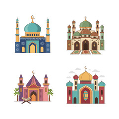 Serene Ramadan Mosque at Dusk with Illuminated Minaret and Crescent Moon