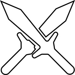 Crossed Swords Icon with Blade, Saber, Cutlass, Sword, Weapon, Steel and Combat Symbols in Black Line Style Vector for Medieval and Battle Design