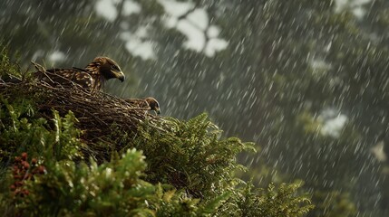 A powerful golden eagle fiercely guards her nest in the mountains