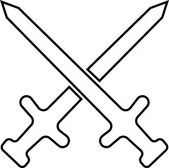 Crossed Swords Icon with Blade, Saber, Cutlass, Sword, Weapon, Steel and Combat Symbols in Black Line Style Vector for Medieval and Battle Design