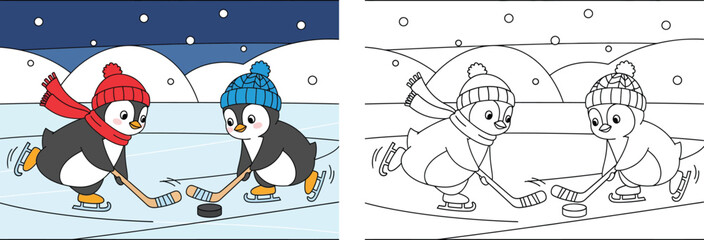 Coloring book page for kids. Two cute cartoon penguins playing ice hockey in winter. Vector illustration with colored example and black and white outline.