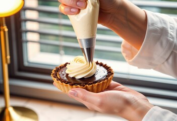Pastry chef pipes buttercream rosettes on a tart near a bright kitchen window