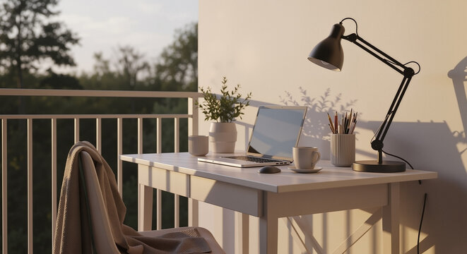 Cozy balcony desk with laptop and lamp at sunset