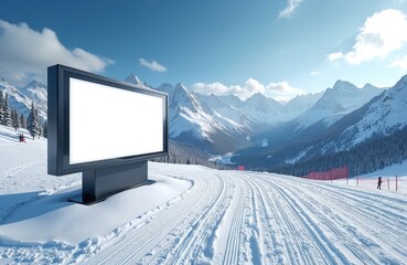 Blank screen billboard on snowy mountain slope. Digital display for advertising ski resort services or winter sports gear, placed beside groomed ski track.