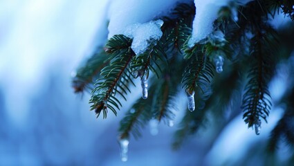 Pine tree branch with snow and icicles winter