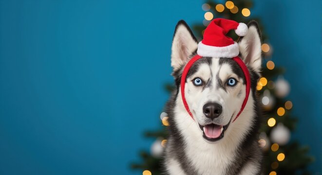 Festive Siberian Husky dog with blue eyes wearing a Santa hat for Christmas. Adorable holiday pet portrait with copy space