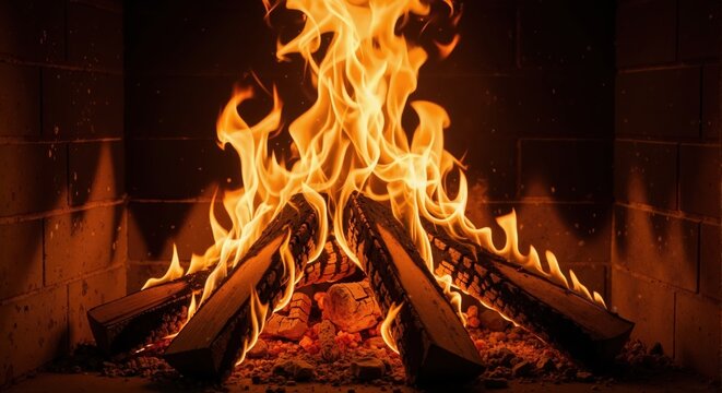 A close-up of a cozy fire with burning logs in a brick fireplace. Roaring orange flames and glowing embers creating a warm atmosphere