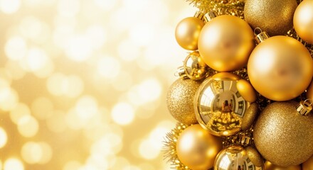 A close-up of golden Christmas ornaments on a festive background. Holiday decoration with sparkling baubles and bokeh lights with copy space
