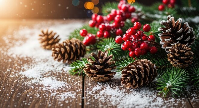 Pinecones and red berries on snowy evergreen branches