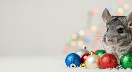 Fototapeta premium Cute grey chinchilla sitting in the snow with colorful Christmas ornaments. Festive holiday pet on a winter background with bokeh lights and copy space
