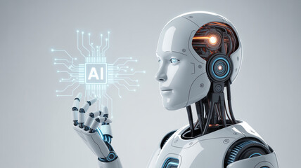 Fototapeta premium Sophisticated humanoid robot interacts with glowing AI circuit board, symbolizing future technology and artificial intelligence innovation