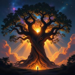 Ancient radiant oak tree emanates golden ethereal light in cosmic starry twilight meadow with solitary wanderer.
