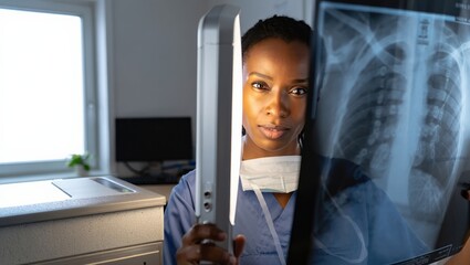 Surgeon in scrubs reviews X-ray images at a bright clinical station today.