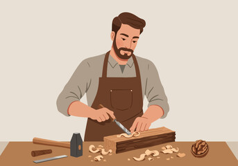 Bearded Woodworker Carving Wood Block with Chisel, Creating Handcrafted Product. Male Carpenter or Artisan Working on Craftsmanship Project.