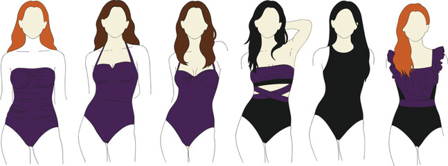Women in stylish swimsuits illustrated in flat fashion vector style, showcasing various poses, modern swimsuit designs, feminine character elements, summer outfit concepts, and body silhouettes.