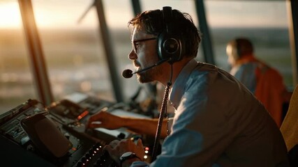Closeup of control tower operator using voice commands to communicate clearance and instructions to pilots for smooth air traffic flow.