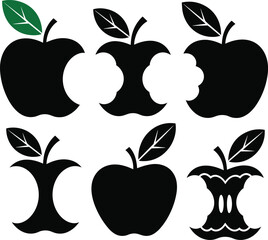 Apple Silhouettes Showing Whole, Half-Eaten, and Core Shapes, Representing Fruit, Healthy Snack, Organic Food, Diet, and Waste Concepts in Black and White